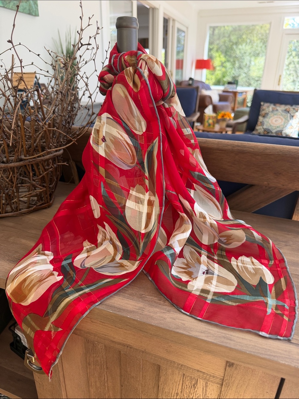 Vintage Yukiko Hanai Red Tulip Silk Scarf
